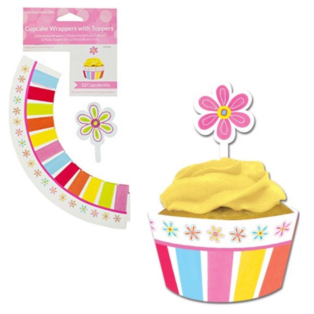 12 ct Spring flowers‎ Decorations Party Cupcake Wrappers + picks birthday easter